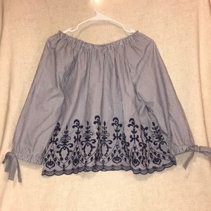 Navy and white lace detailing off shoulder shirt